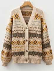 Factory Direct Women’ s Vintage Bohemian Knit Cardigan Sweater – Beige & Mustard Fair Isle Pattern
