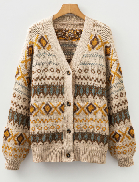 Factory Direct Women’ s Vintage Bohemian Knit Cardigan Sweater – Beige & Mustard Fair Isle Pattern