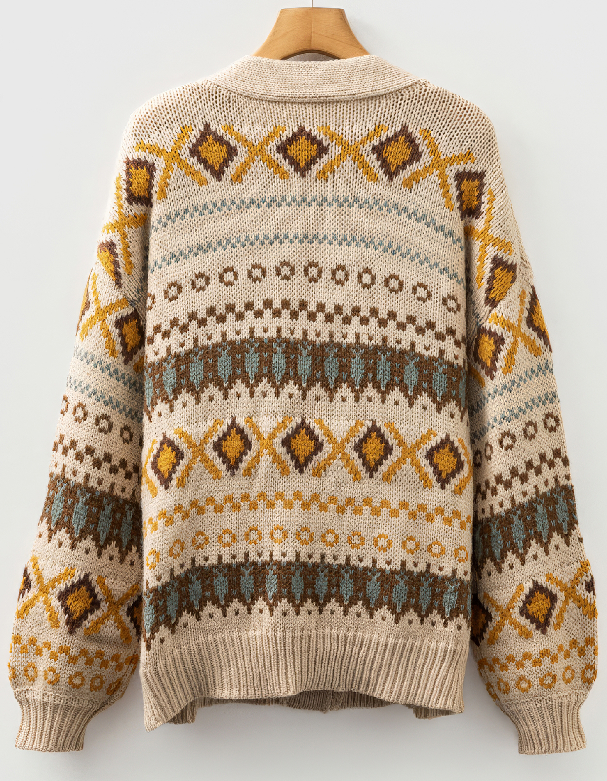 Factory Direct Women’ s Vintage Bohemian Knit Cardigan Sweater – Beige & Mustard Fair Isle Pattern