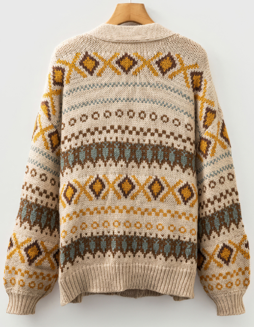 Factory Direct Women’ s Vintage Bohemian Knit Cardigan Sweater – Beige & Mustard Fair Isle Pattern