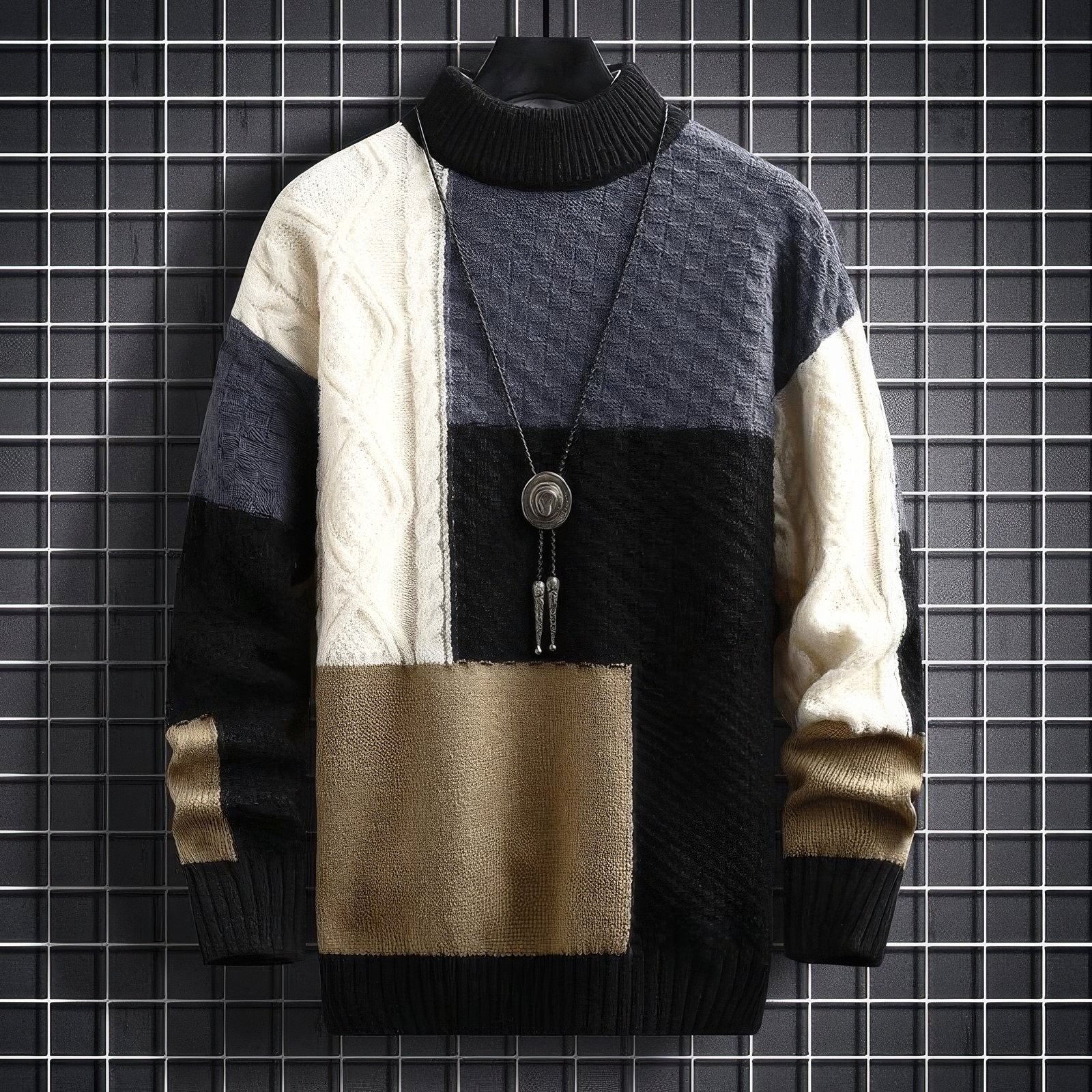 OEM ODM Women'  s Men’s Color Block Chunky Knit Sweater with Turtleneck – Cozy & Stylish Winter Pullover