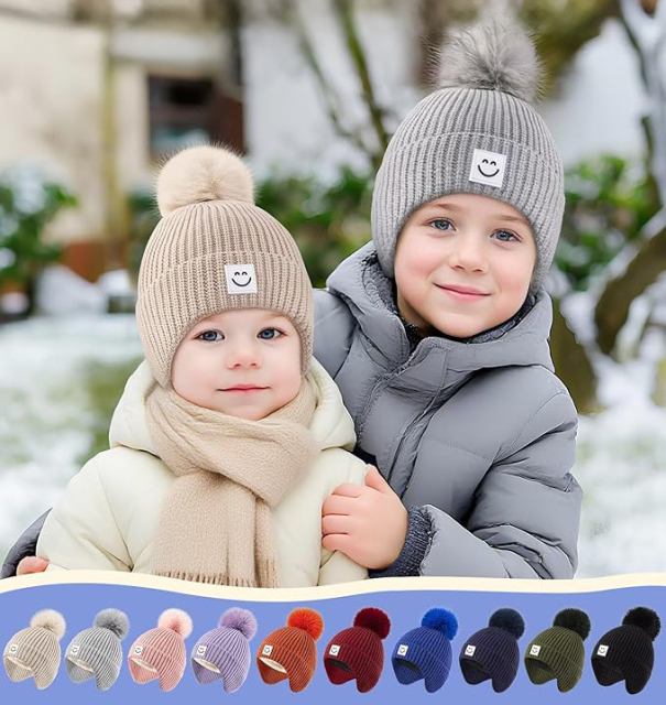 Factory Direct Pom Pom Beanie Set – Fun & Cozy Winter Hats with Smile Patch