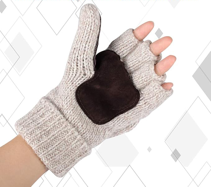 Customized Knit Fingerless Gloves with Leather Palm Patch – Cozy & Practical Winter Accessory