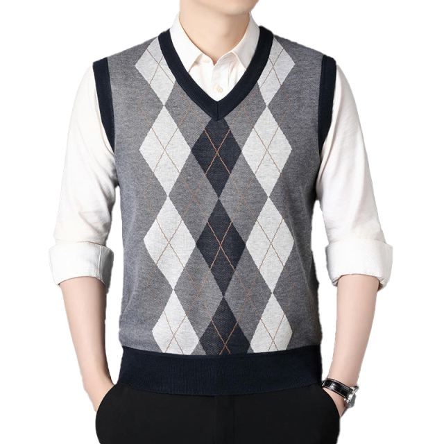 OEM ODM Men's Argyle Pattern V-Neck Sleeveless Sweater