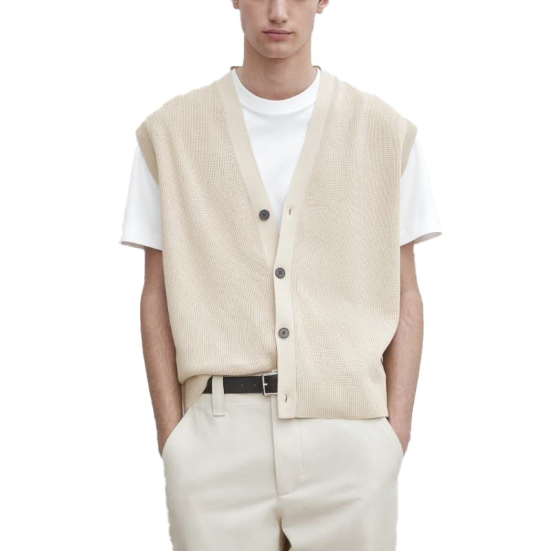 Customized Men's Beige Knit Sleeveless Cardigan