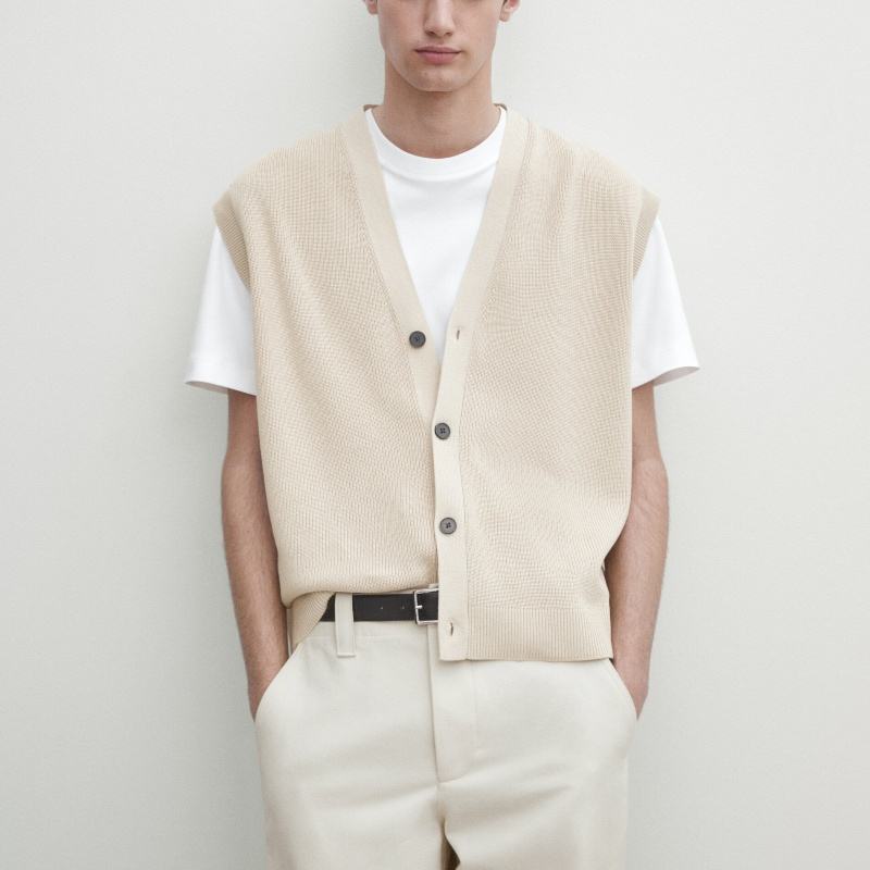 Customized Men's Beige Knit Sleeveless Cardigan