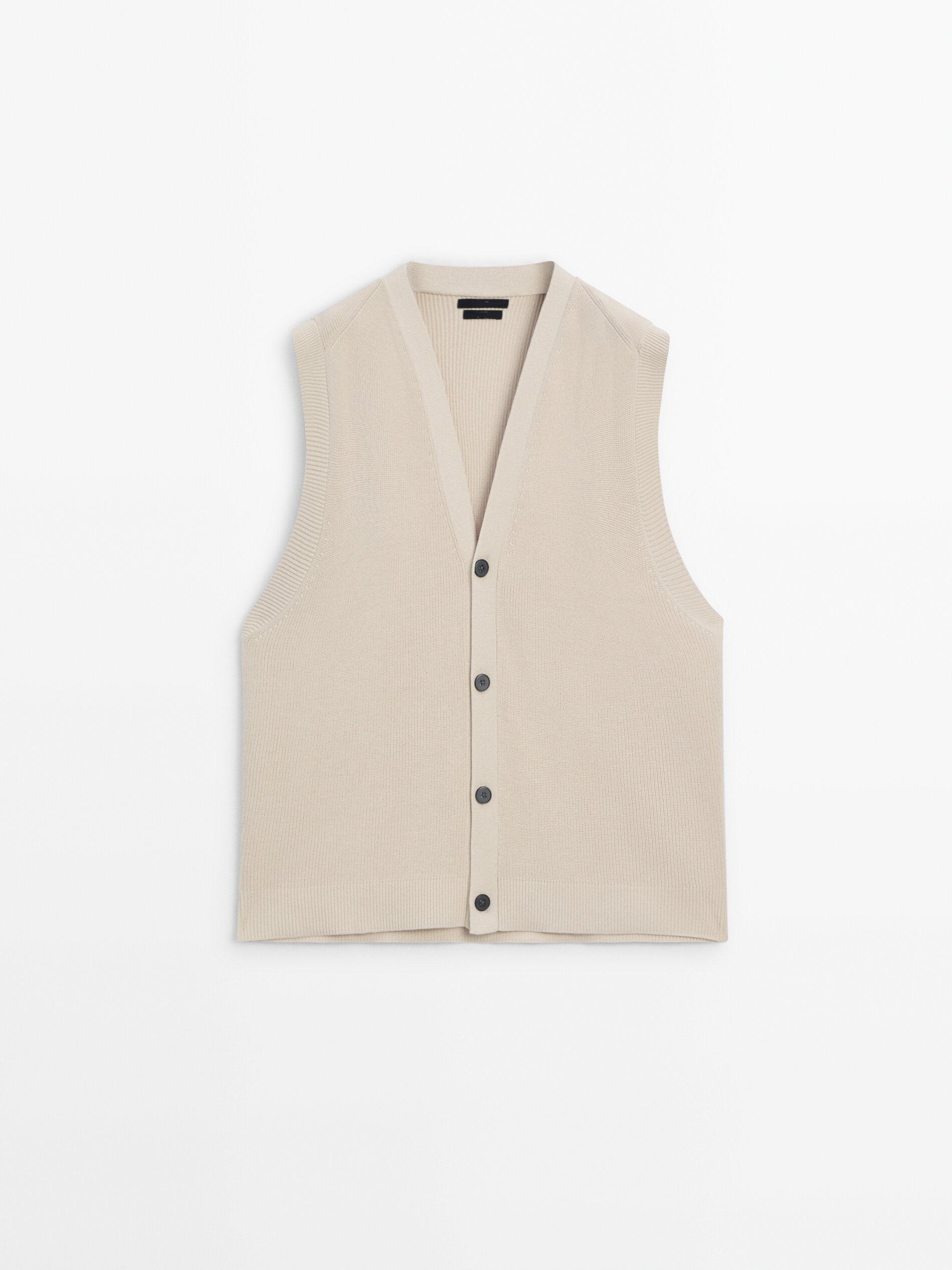 Customized Men's Beige Knit Sleeveless Cardigan