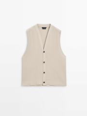 Customized Men's Beige Knit Sleeveless Cardigan