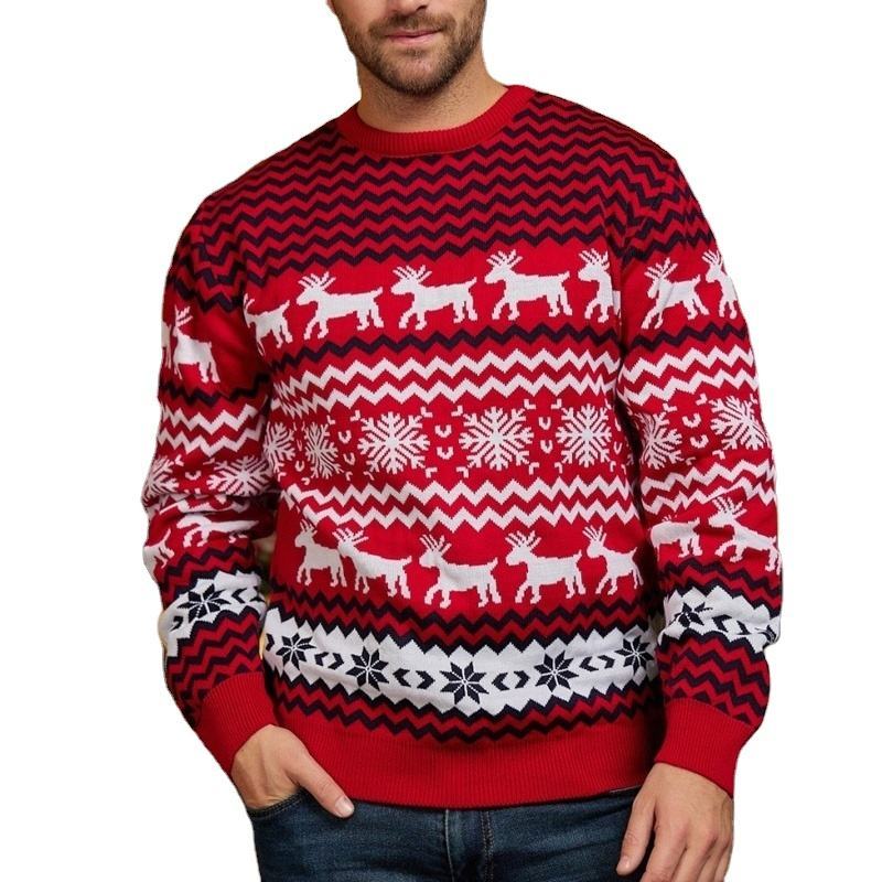 Customized Red and Navy Reindeer Pattern Christmas Sweater