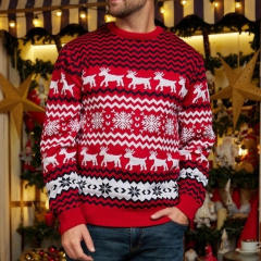 Customized Red and Navy Reindeer Pattern Christmas Sweater