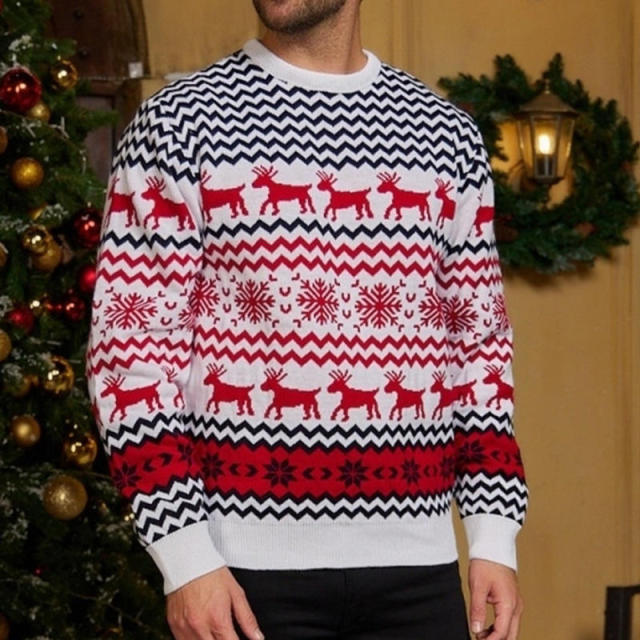 Customized Red and Navy Reindeer Pattern Christmas Sweater