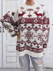 Wholesale Burgundy Reindeer & Snowflake Pattern Christmas Sweater