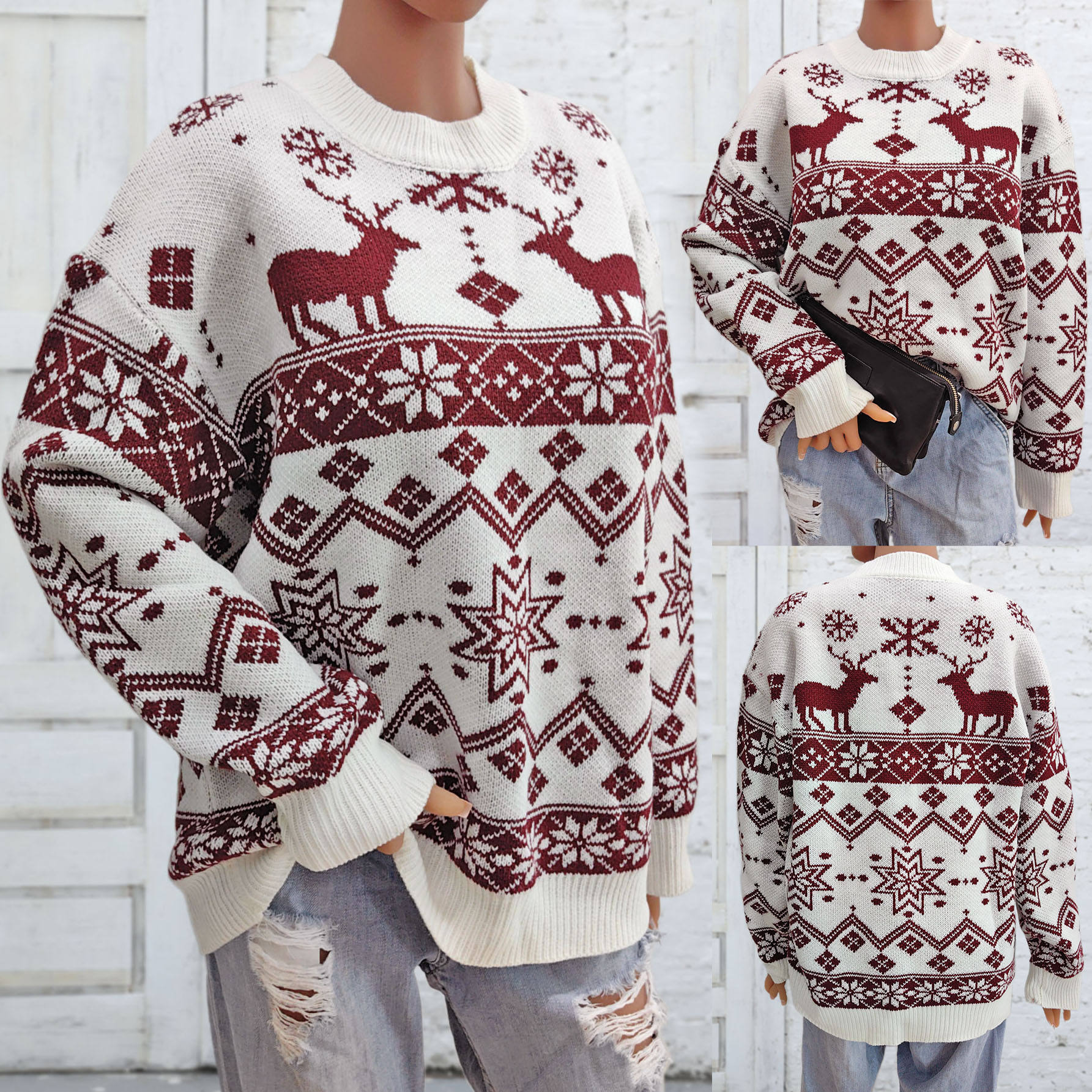 Wholesale Burgundy Reindeer & Snowflake Pattern Christmas Sweater