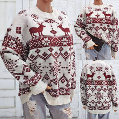 Wholesale Burgundy Reindeer & Snowflake Pattern Christmas Sweater