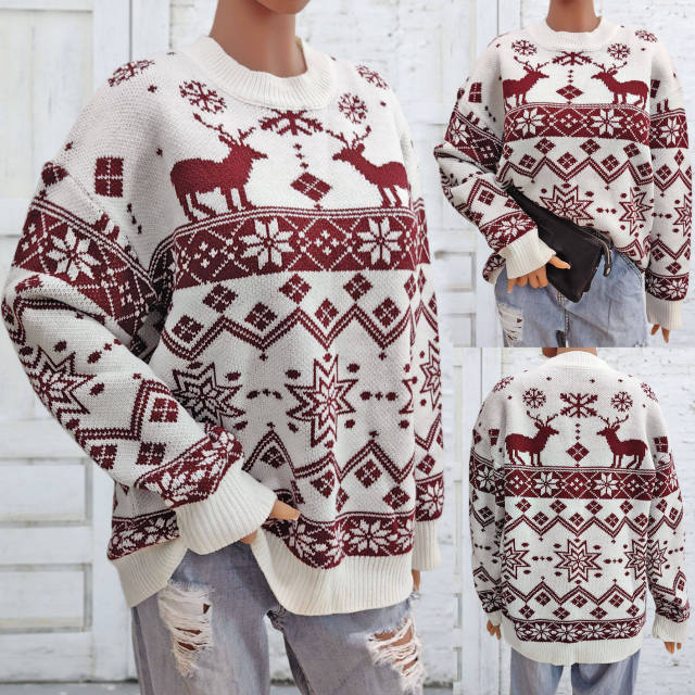 Wholesale Burgundy Reindeer & Snowflake Pattern Christmas Sweater