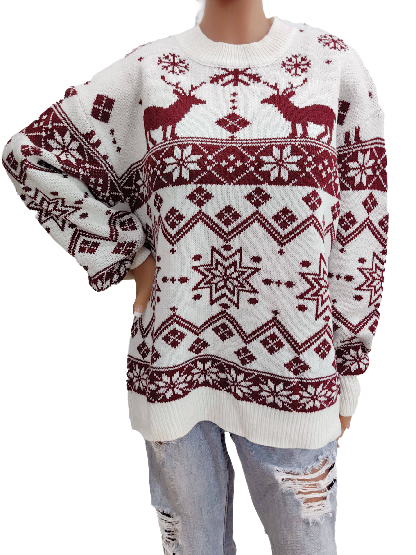 Wholesale Burgundy Reindeer & Snowflake Pattern Christmas Sweater