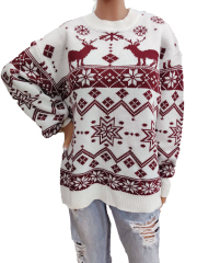 Wholesale Burgundy Reindeer & Snowflake Pattern Christmas Sweater