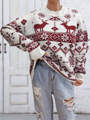 Wholesale Burgundy Reindeer & Snowflake Pattern Christmas Sweater