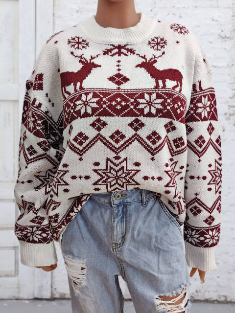 Wholesale Burgundy Reindeer & Snowflake Pattern Christmas Sweater