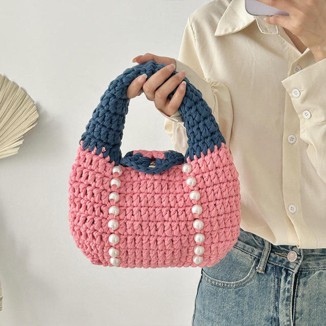 OEM ODM Pink and Navy Crochet Pearl Handbag