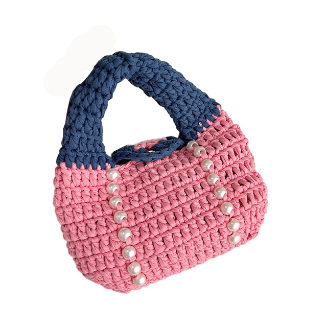 OEM ODM Pink and Navy Crochet Pearl Handbag