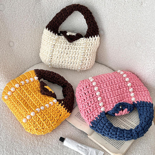 OEM ODM Pink and Navy Crochet Pearl Handbag