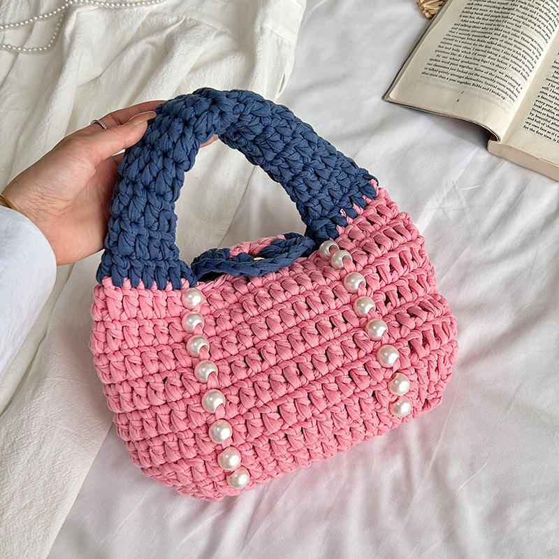 OEM ODM Pink and Navy Crochet Pearl Handbag
