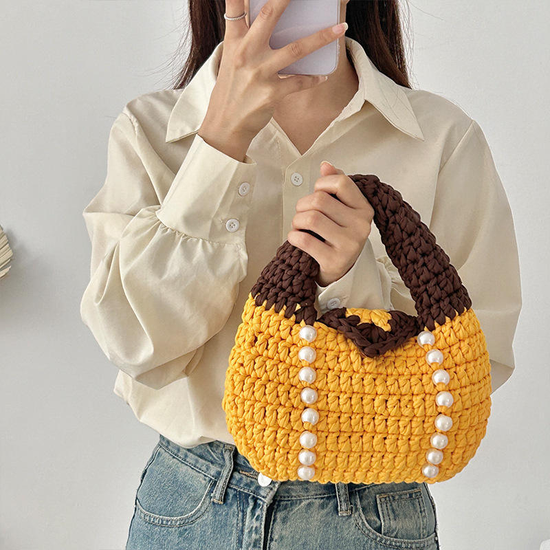 OEM ODM Pink and Navy Crochet Pearl Handbag