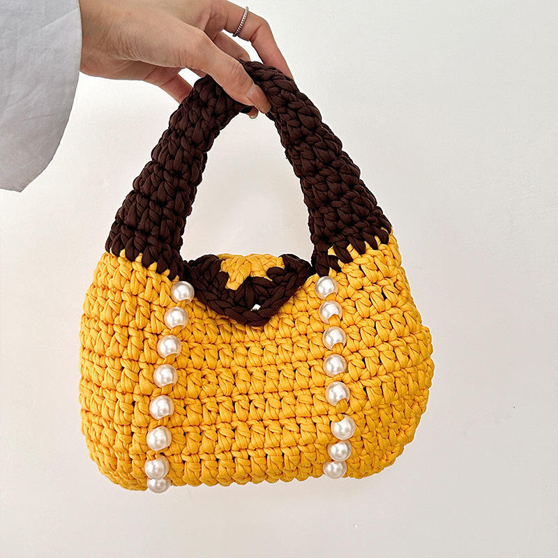 OEM ODM Pink and Navy Crochet Pearl Handbag