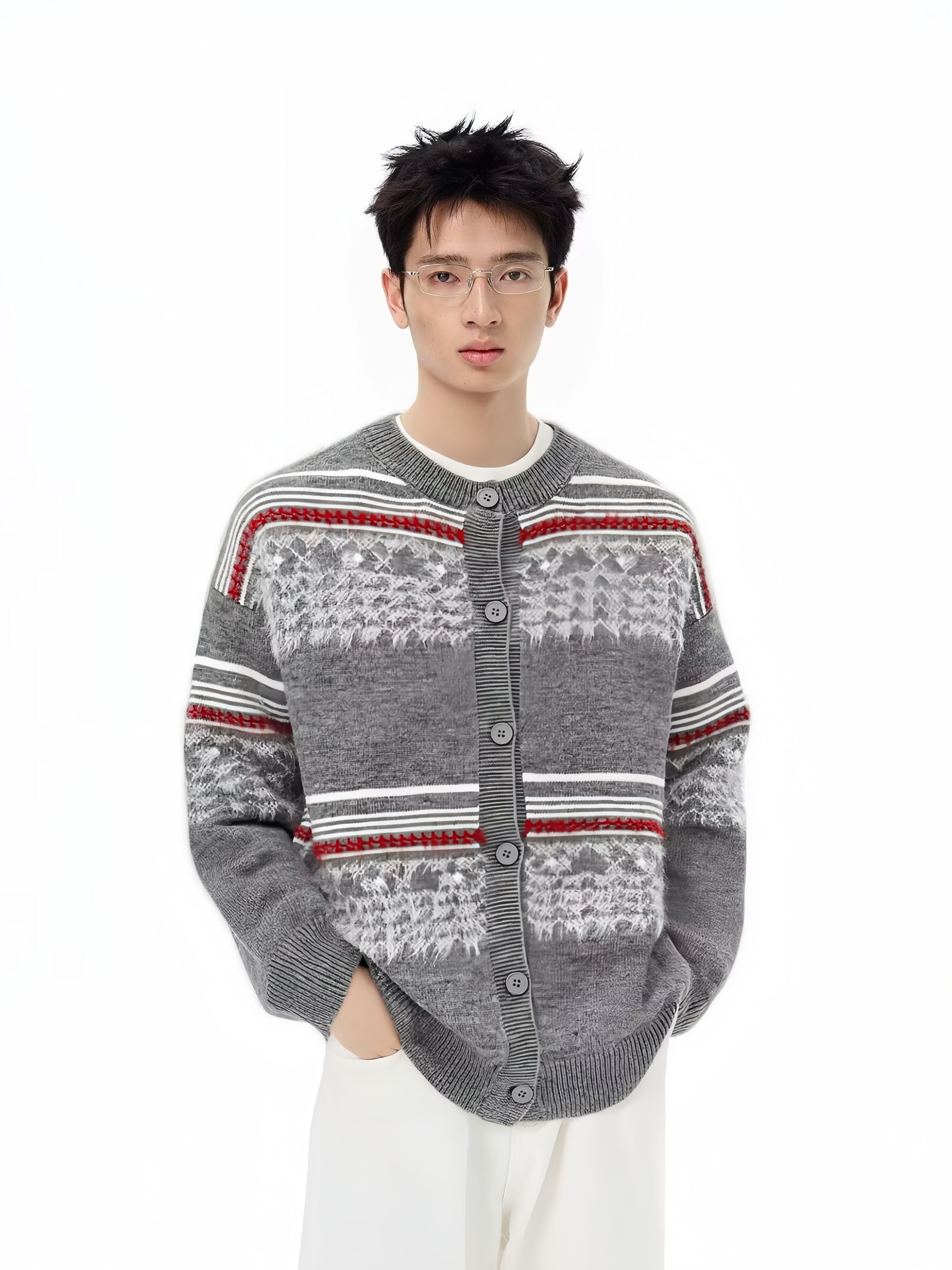 Personalized Men's Grey Cardigan with Fair Isle Knit Pattern