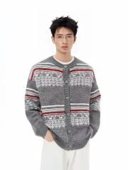 Personalized Men's Grey Cardigan with Fair Isle Knit Pattern