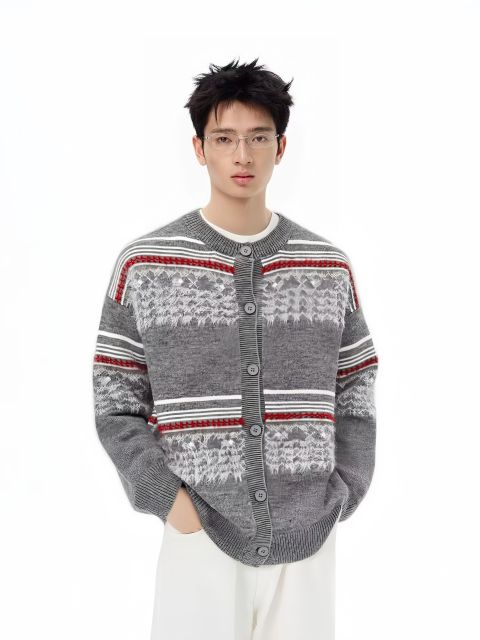 Personalized Men's Grey Cardigan with Fair Isle Knit Pattern