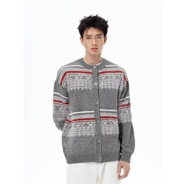 Personalized Men's Grey Cardigan with Fair Isle Knit Pattern