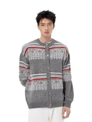 Personalized Men's Grey Cardigan with Fair Isle Knit Pattern