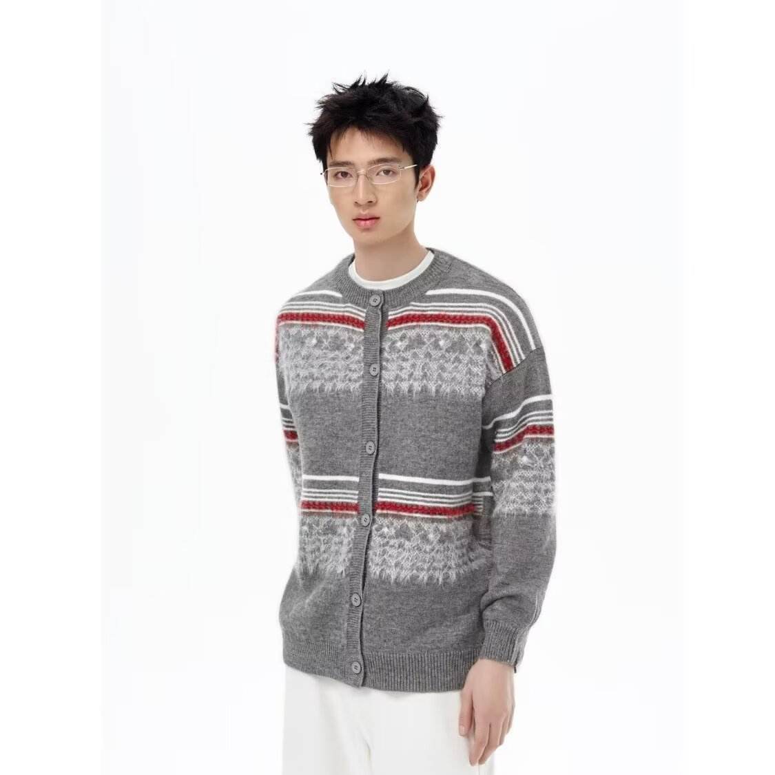 Personalized Men's Grey Cardigan with Fair Isle Knit Pattern