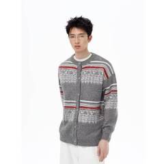 Personalized Men's Grey Cardigan with Fair Isle Knit Pattern