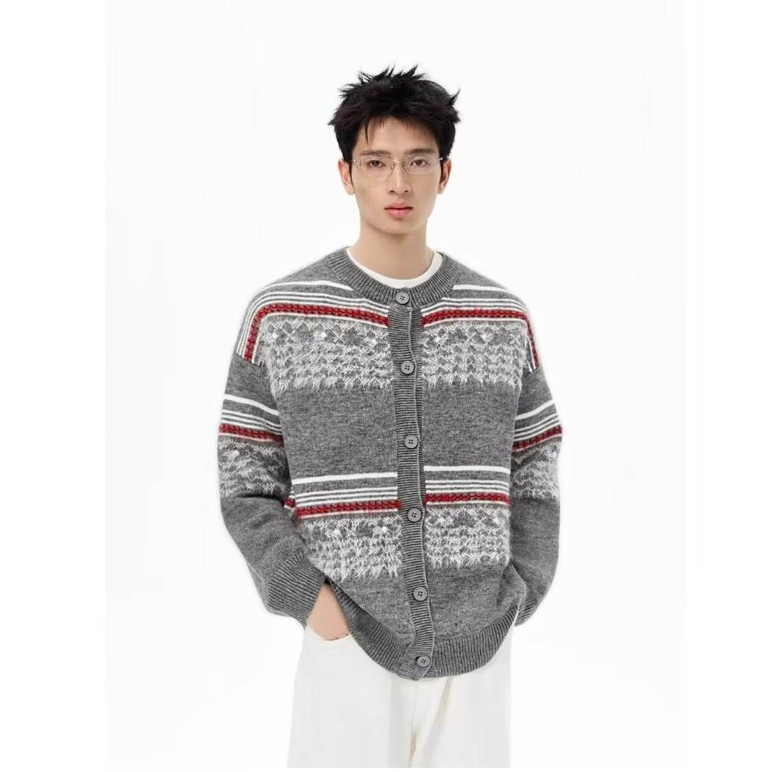 Personalized Men's Grey Cardigan with Fair Isle Knit Pattern