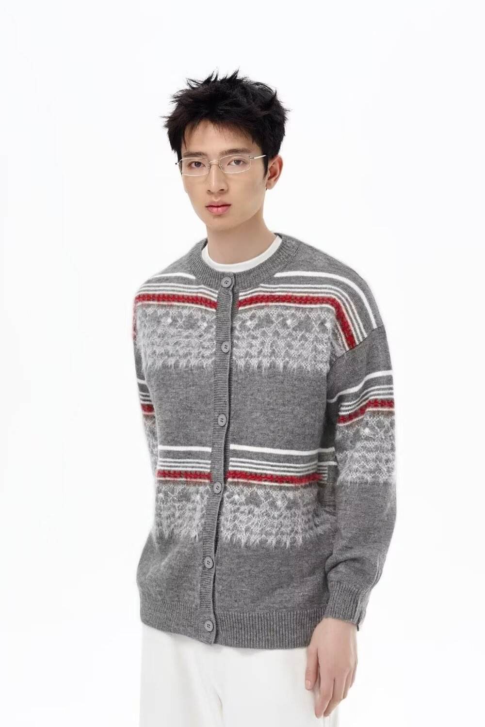 Personalized Men's Grey Cardigan with Fair Isle Knit Pattern