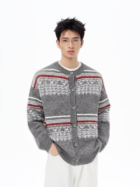 Personalized Men's Grey Cardigan with Fair Isle Knit Pattern