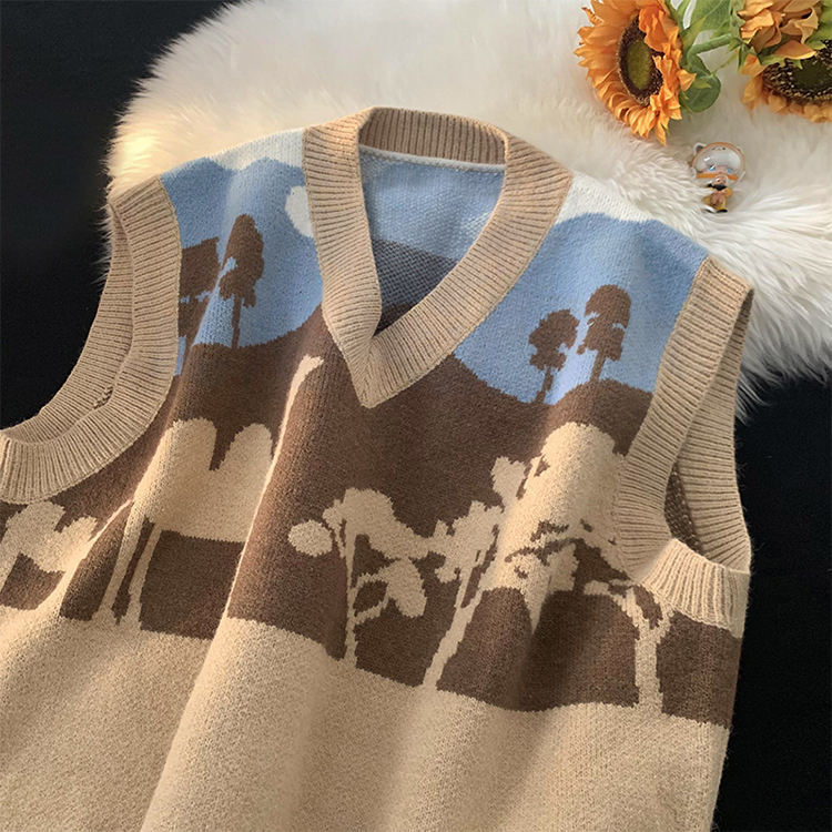 Factory Direct Landscape V-Neck Sleeveless Knit Sweater