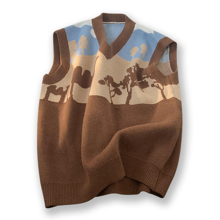 Factory Direct Landscape V-Neck Sleeveless Knit Sweater
