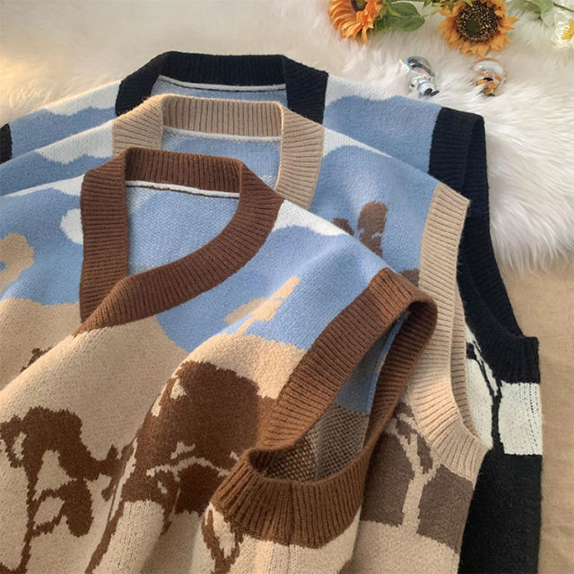 Factory Direct Landscape V-Neck Sleeveless Knit Sweater