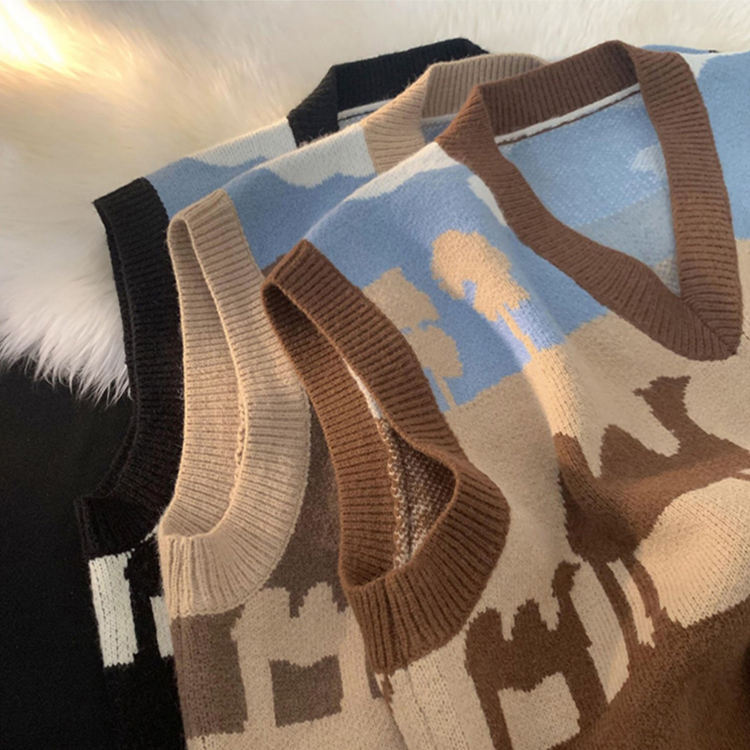 Factory Direct Landscape V-Neck Sleeveless Knit Sweater