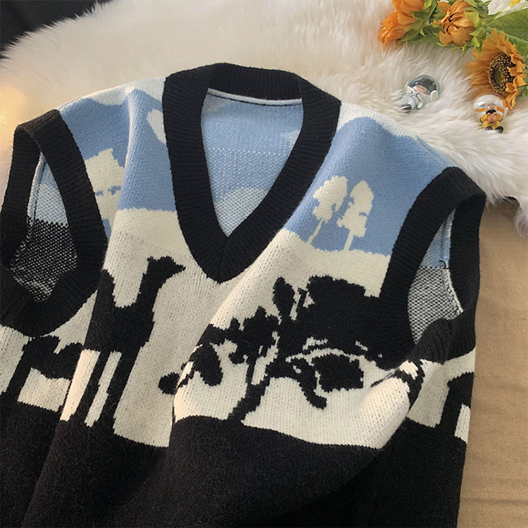 Factory Direct Landscape V-Neck Sleeveless Knit Sweater
