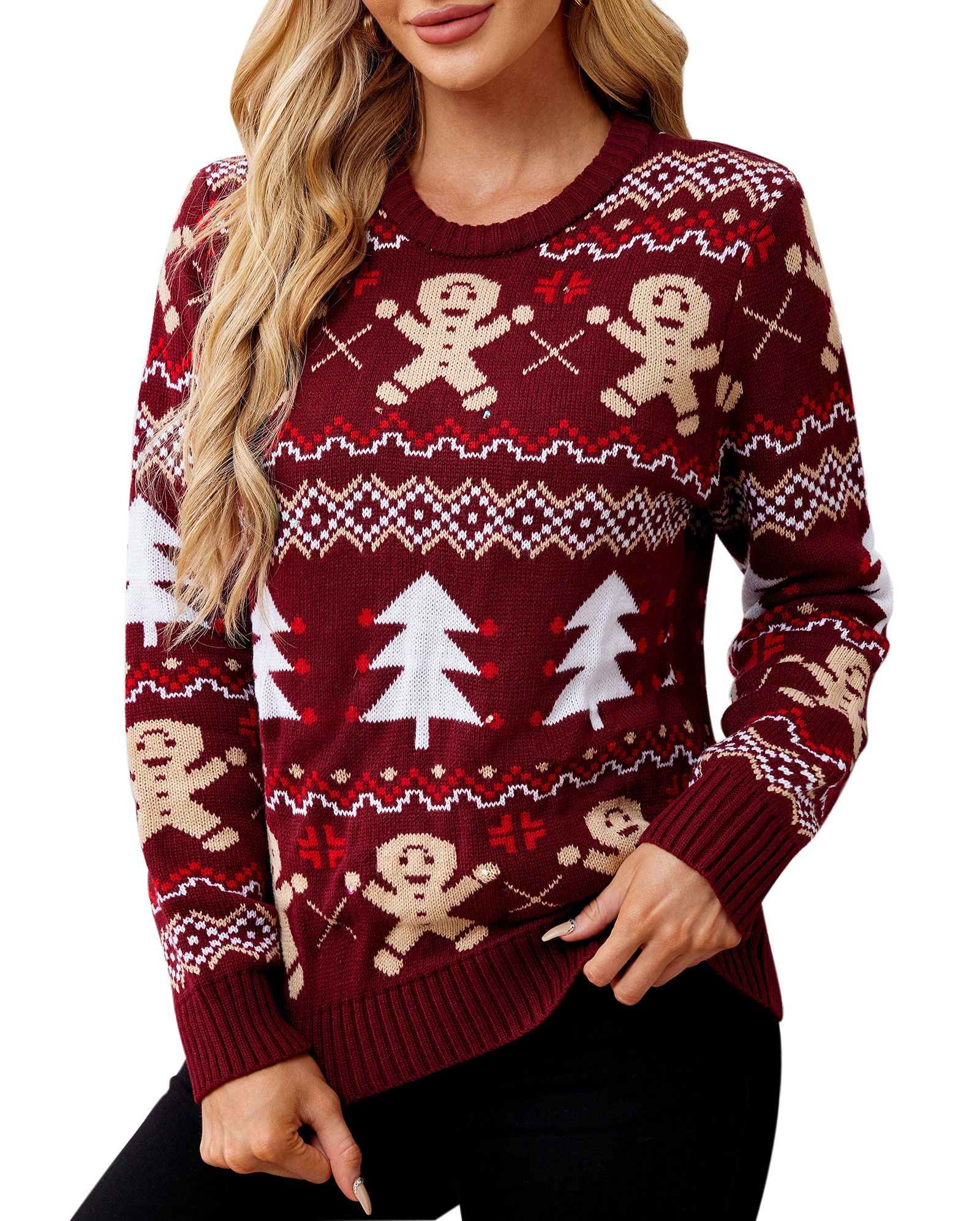 OEM ODM  Red Reindeer Patterned Cable Knit Sweater