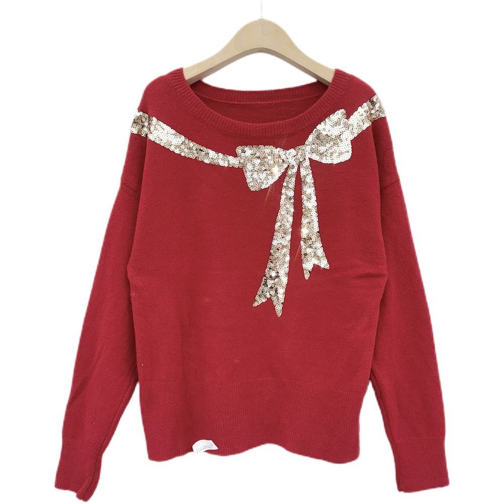 Wholesale-Sequin Bow Christmas Sweater