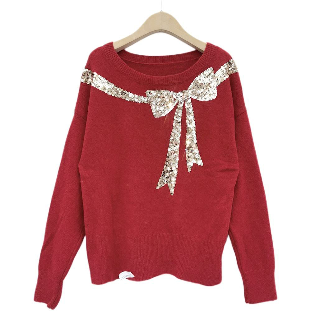 Wholesale-Sequin Bow Christmas Sweater