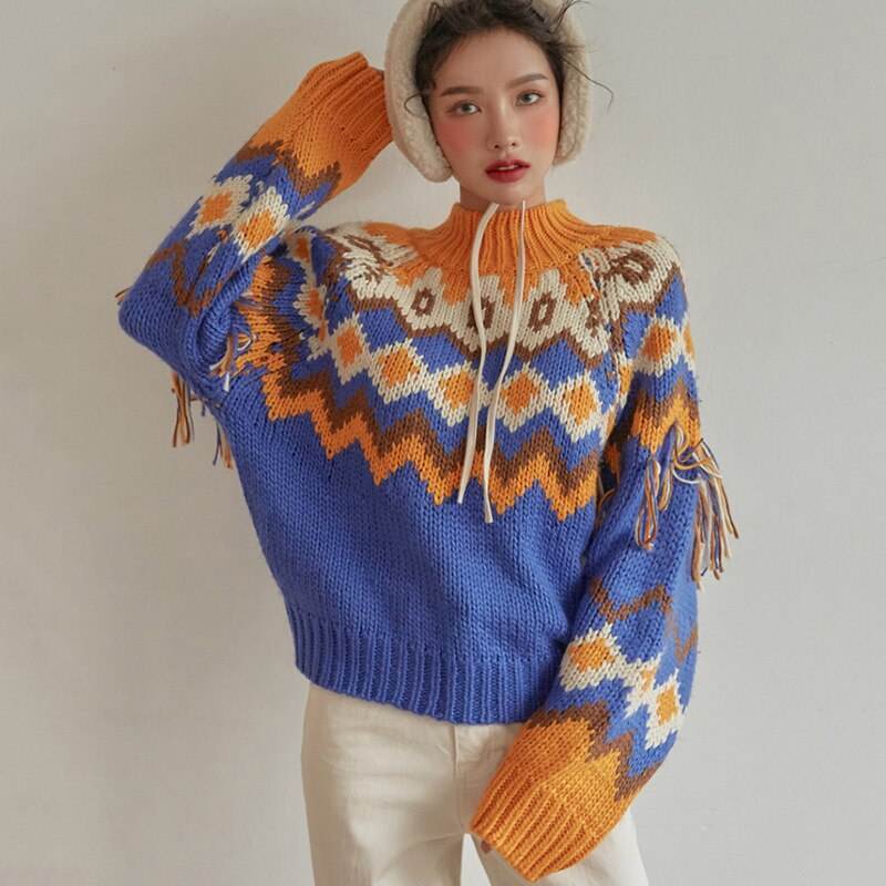 Wholesale-Colorful Geometric Knit Sweater with Tassel Sleeves