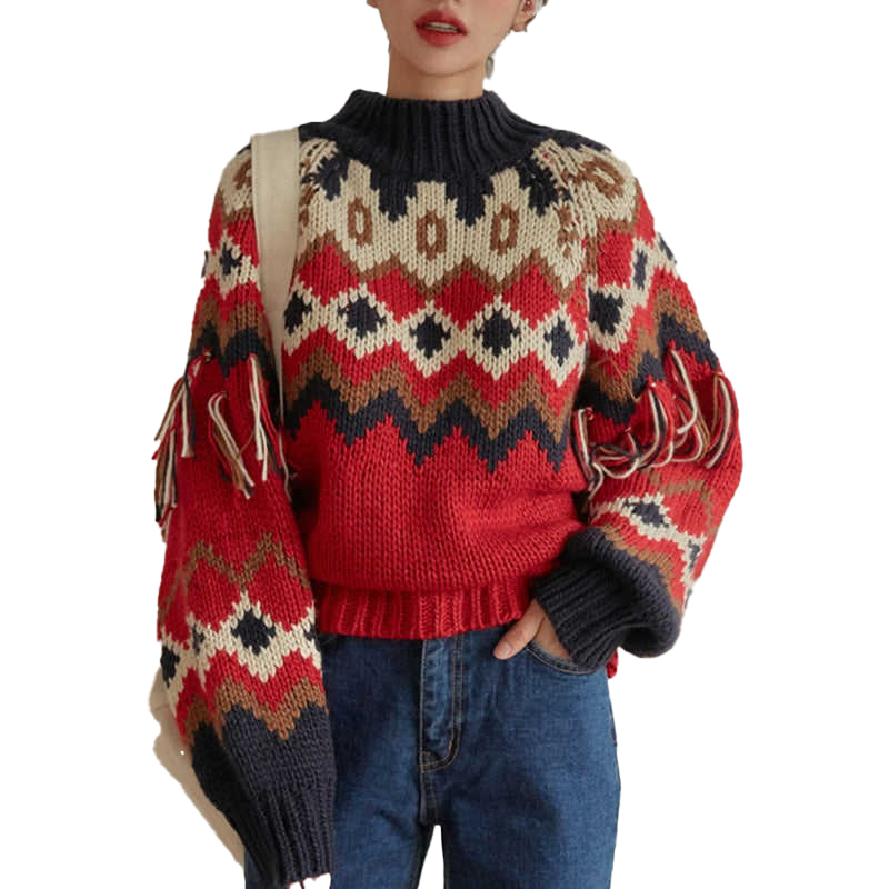 Wholesale-Colorful Geometric Knit Sweater with Tassel Sleeves