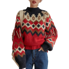 Wholesale-Colorful Geometric Knit Sweater with Tassel Sleeves